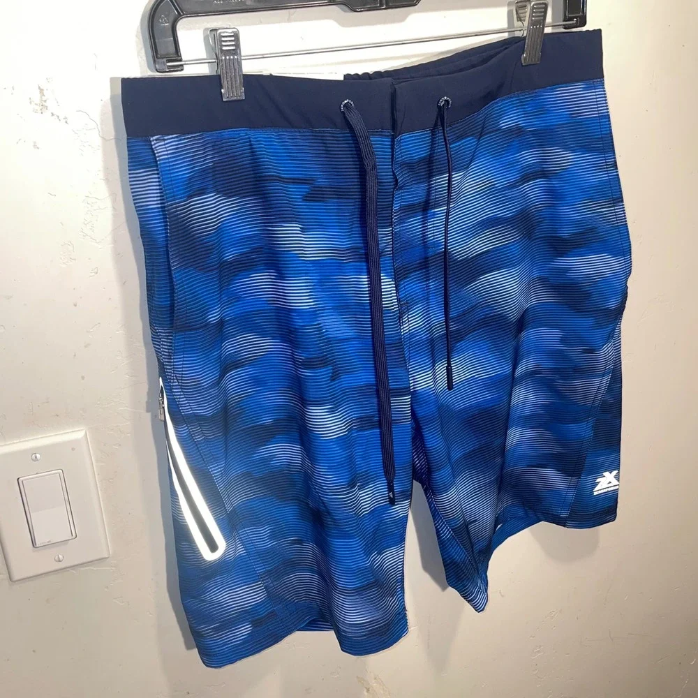 Zeroxposur Mens Swim Trunks Navy Fjord Blue Stripped Board Shorts Small